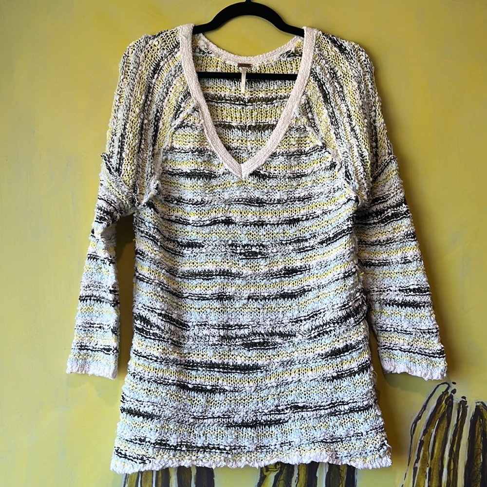 Vintage Free People Striped Textured Knit V-Neck Sweater Size Medium
